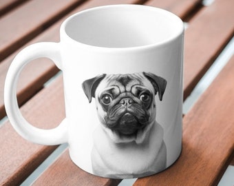 Pug Ceramic Coffee Mug - 11oz, Personalized Text