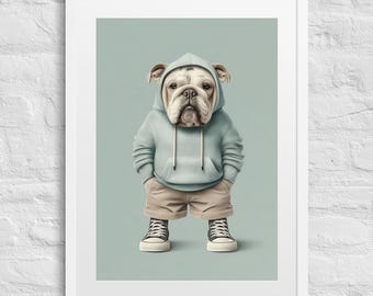 Cool English Bulldog Print | Hooded English Bulldog Poster | Kids Bedroom Wall Decor