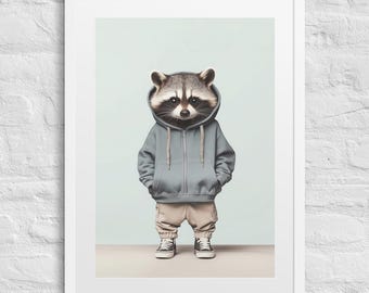 Impresión de mapache genial / Póster de mapache con capucha / Decoración de pared minimalista