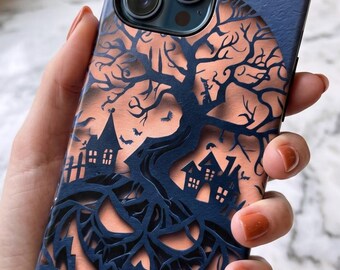Faux 3D Papercut Halloween Phone Case, Spooky Jack O Lantern, Haunted House Cover | iPhone 18 17 16 Pro Max |  Galaxy S26 S25 | Pixel 9