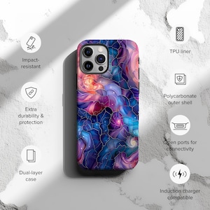 May include: A dual-layer phone case with a colorful abstract design featuring swirling colors of blue, purple, pink, and orange. The case is compatible with wireless charging and has open ports for connectivity.
