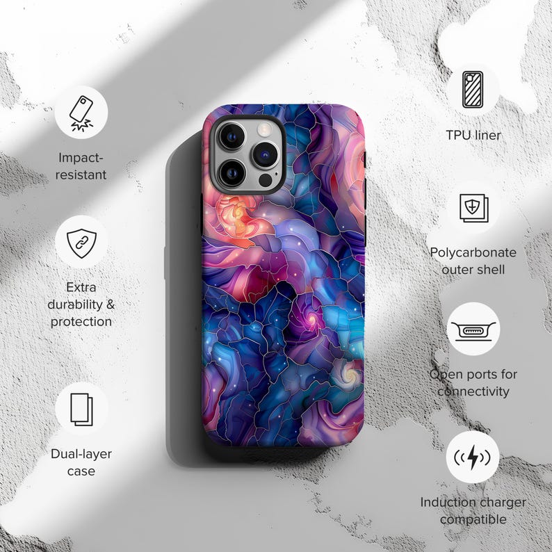 May include: A dual-layer phone case with a colorful abstract design featuring swirling colors of blue, purple, pink, and orange. The case is compatible with wireless charging and has open ports for connectivity.