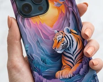 Tiger Sunset Phone Case, Papercut Style Purple Jungle | iPhone 18 17 16 15 Pro Max | | Pixel 9 Pro | Animal Lover Gift