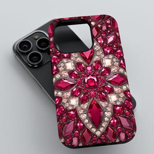 Funda para teléfono con mandala de piedras preciosas de color rojo rubí / iPhone 16 15 14 13 12 11 pro max / Galaxy S21 S22 S23 S24 Ultra / Google Pixel 6 7 8 pro