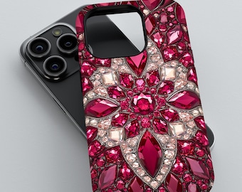 Funda para teléfono con mandala de piedras preciosas rojo rubí: elegante diseño de joya