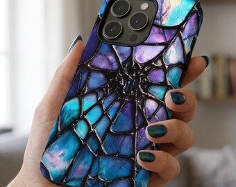 Opal Stained Glass Web Phone Case, Teal Purple Iridescent Case | iPhone 18 17 16 | Galaxy S26 S25 | Pixel | Halloween Gift