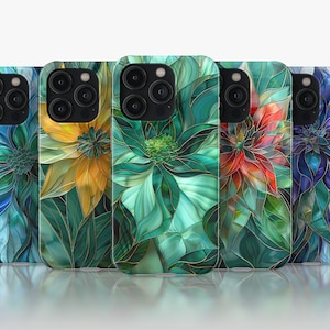 May include: Six different phone cases with a stained glass design featuring a flower in shades of blue, yellow, green, red, and purple.