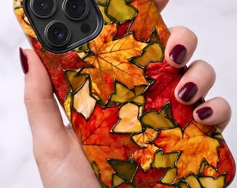 Autumn Maple Leaves Phone Case, Stained Glass Fall Leaf Tough Case | iPhone 18 17 16 15 Pro Max |  Galaxy S26 S25 S24 | Pixel 9 8 Pro