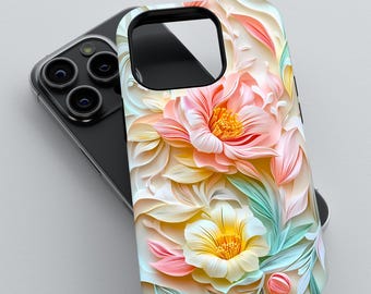 May include: A smartphone case featuring a layered, three-dimensional floral design in soft pastel shades of pink, yellow, and mint green. The artwork displays blooming flowers with delicate petals and foliage, creating a textured, artistic appearance.