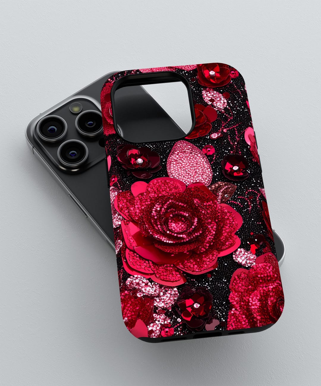 Sparkling Faux Dark Pink Rose Rhinestone Phone Case | iPhone 16 15 14 ...