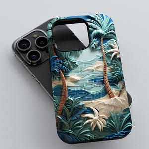 May include: A phone case with a 3D design of palm trees and ocean waves. The design is made to look like paper cutouts.