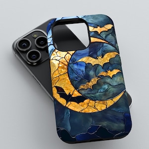 Stained Glass Celestial Crescent Moon and Bats Phone Case | iPhone 15 14 13 12 11 pro max, Galaxy S22 S23 S24 Ultra, Google Pixel 6 7 8 pro