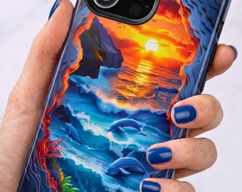 Dolphin Sunset Ocean Phone Case, Paper Cut 3D Beach Cave Tough Case | iPhone 18 17 16 15 Pro Max |  Galaxy S26 S25 S24 | Pixel 9 8 Pro