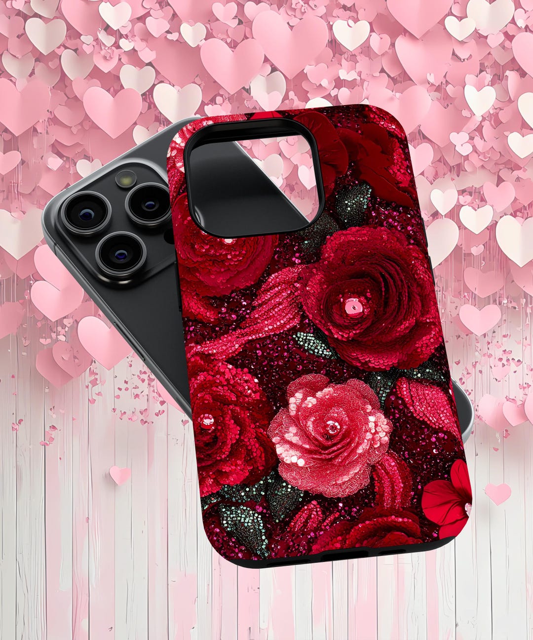 Glamorous Floral Red Rose Garden Sequin Phone Case| iPhone 16 15 14 13 ...