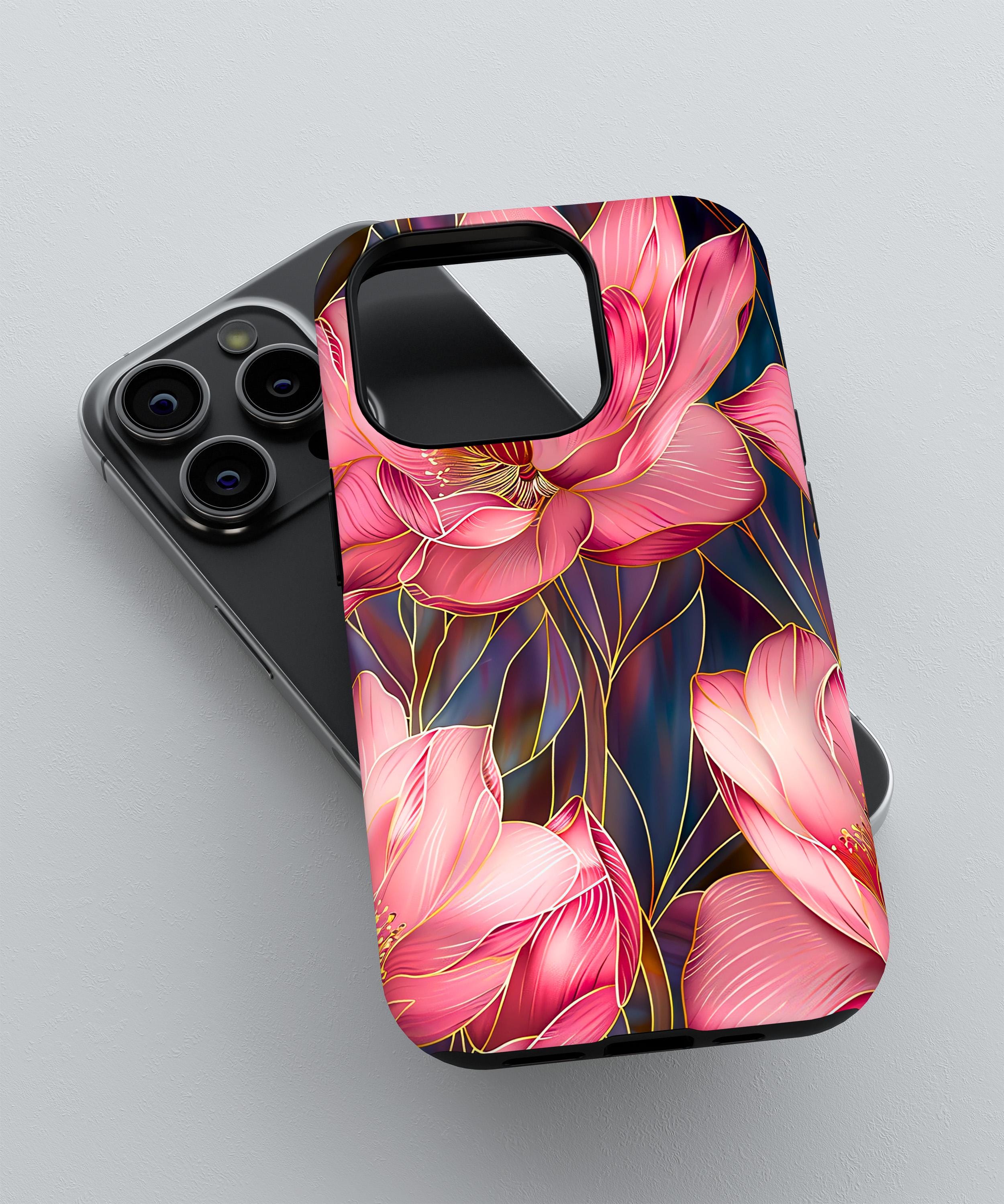 Elegant Pink & Gold Faux Stained Glass Lotus Phone Case | iPhone 16 15 14 13 12 pro max | Galaxy S22 S23 S24 Ultra |Google Pixel 6 7 8 Pro