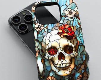 Gothic Stained Glass Skull Phone Case: Floral Skull Art