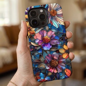 Funda para teléfono con diseño floral de vidrieras: Flores coloridas y artísticas