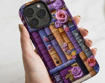 Cottagecore Bookshelf Phone Case, Embroidered Books & Roses Case | iPhone 18 17 16 15 Pro Max | Galaxy S26 S25 Ultra | Book Lover Gift