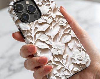 Faux Carved Floral Phone Case, White Sculpted Flower Relief Case | iPhone 18 17 16 15 Pro Max | Galaxy S26 S25 Ultra | Pixel | Floral Gift