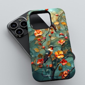 Capa de celular personalizada com vitral em formato de beija-flor e flor | Capa Sonho de Ornitólogo | iPhone | Galaxy | Pixel