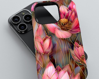 May include: A black phone case with a floral design. The flowers are pink and have gold outlines. The case has a cutout for the camera lens.
