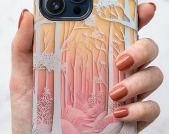 Dreamy Pastel Forest Phone Case, Papercut Sunset Woodland Case | iPhone 18 17 16 15 Pro Max |  Galaxy S26 S25 | Pixel 9 Pro | Gift For Her