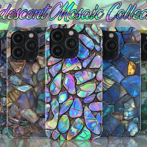 Personalized Iridescent Mosaic Phone Case | Holographic Gemstone Cover for iPhone, Galaxy, Pixel | Abalone Mosaic | Optional Customization