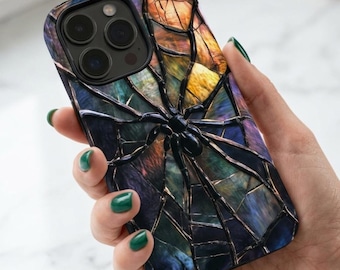 Black Spider Stained Glass Phone Case | Gothic Mosaic Web Case | iPhone 18 17 16 | Galaxy S26 S25 | Pixel | Halloween Gift