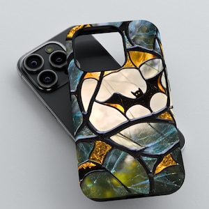 Halloween Stained Glass Cute Flying Bat Phone Case | iPhone 15 14 13 12 11 pro max, Galaxy S22 S23 S24 Ultra, Google Pixel 6 7 8 pro