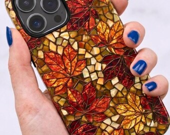 Stained Glass Autumn Leaves Phone Case, Mosaic Fall Leaf Tough Case | iPhone 18 17 16 15 Pro Max |  Galaxy S26 S25 S24 | Pixel 9 8 Pro