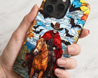Stained Glass Skeleton Cowboy Phone Case, Western Gothic Ghost Rider | iPhone 18 17 16 15 Pro Max | | Pixel 9 Pro | Halloween Gift