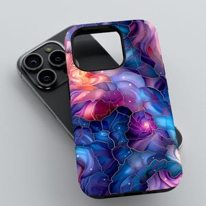 May include: A phone case with a colorful abstract design featuring swirling patterns in shades of blue, purple, pink, and white. The design resembles stained glass.