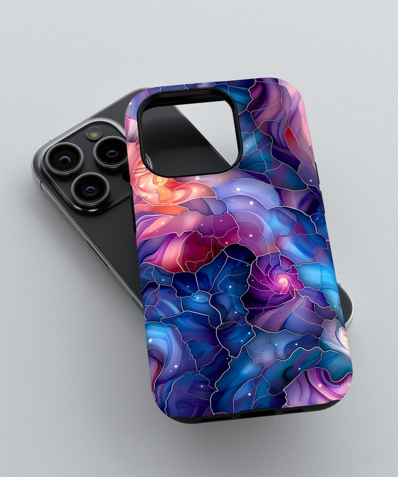 May include: A phone case with a colorful abstract design featuring swirling patterns in shades of blue, purple, pink, and white. The design resembles stained glass.