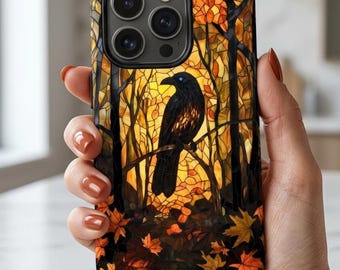 Stained Glass Raven Phone Case, Autumn Forest Crow Case