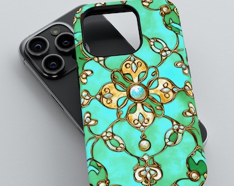 Emerald Stained Glass Phone Case: Ornate Jewel Design