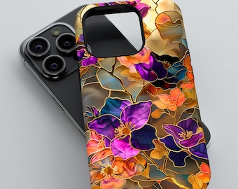 Funda elegante con diseño floral de vitrales para iPhone 16, 15, 14, 13, 12 y 11 Pro Max, Samsung Galaxy S22, S23 y S24 Ultra, Google Pixel 6, 7 y 8 Pro.
