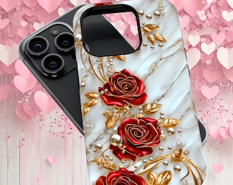 Rot Rosegold Marmor Handyhülle: Elegantes Blumenmuster