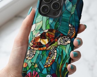 Stained Glass Sea Turtle Phone Case, Ocean Reef Mosaic Case | iPhone 18 17 16 | Galaxy S26 S25 | Pixel | Beach Gift