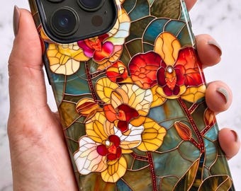 Stained Glass Orchid Phone Case, Vintage Floral Botanical Cover | iPhone 18 17 16 15 Pro Max |  Galaxy S26 S25 S24 | Pixel 9 8 Pro