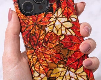 Stained Glass Autumn Leaves Phone Case, Fall Foliage Cover | iPhone 18 17 16 15 Pro Max |  Galaxy S26 S25 S24 | Pixel 9 8 Pro