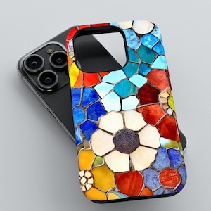 Telefoonhoesje met kleurrijk glas-in-lood bloemenmozaïek | iPhone 16 15 14 13 12 11 pro max, Samsung Galaxy S22 S23 S24 Ultra, Google Pixel 6 7 8 pro