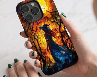 Faux Stained Glass Witch Phone Case, Spooky Forest Cover | iPhone 18 17 16 15 Pro Max |  Galaxy S26 S25 S24 | Pixel 9 8 Pro