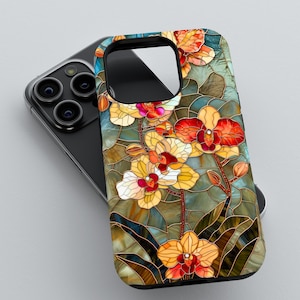 Funda para teléfono con diseño de orquídea en vitral artesanal / iPhone 16 15 14 13 12 11 Pro Max / Samsung Galaxy S22 S23 S24 Ultra / Google Pixel 6 7 8 Pro