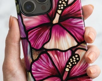 Faux Stained Glass Hibiscus Phone Case, Tropical Pink Flower | iPhone 18 17 16 15 Pro Max |  Galaxy S26 S25 | Pixel 9 Pro | Botanical Gift