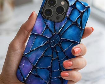 Blue Stained Glass Web Phone Case | Cracked Mosaic Spider Web Case | iPhone 18 17 16 | Galaxy S26 S25 | Pixel | Halloween Gift