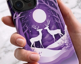 Faux 3D Papercut Winter Deer Phone Case, Purple Forest Snow Cover | iPhone 18 17 16 15 Pro Max |  Galaxy S26 S25 S24 | Pixel 9 8 Pro