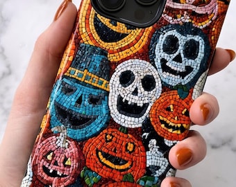 Mosaic Halloween Phone Case, Pumpkin Skull Tough Case | iPhone 18 17 16 15 Pro Max |  Galaxy S26 S25 S24 | Pixel 9 8 Pro