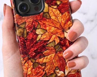 Faux Stained Glass Autumn Leaves Phone Case, Fall Foliage Cover | iPhone 18 17 16 15 Pro Max |  Galaxy S26 S25 S24 | Pixel 9 8 Pro
