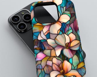 Puede incluir: Una funda para teléfono con un diseño de vitral con flores de colores. Las flores son en tonos de rosa, azul, amarillo y naranja. La funda está hecha de un material duradero y está diseñada para proteger tu teléfono de arañazos y caídas.