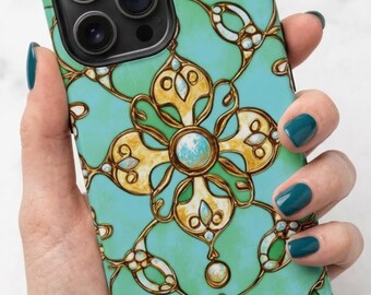 Baroque Jewel Mandala Phone Case, Gold Green Ornate Pattern | iPhone 18 17 16 15 Pro Max |  Galaxy S26 S25 | Pixel 9 Pro | Elegant Gift